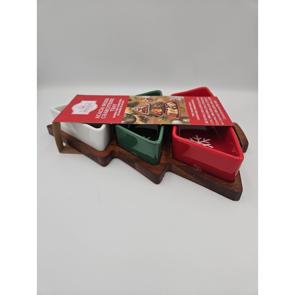 Holiday Time Acacia‎ Wood Christmas Tree Charcuterie Tray with Ceramic Bowls NEW - Picture 5 of 8